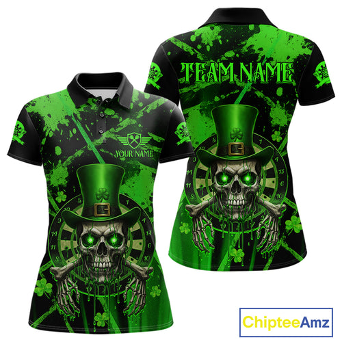 Custom Green Grunge St Patricks Day Women Darts Polo Shirt Skull Leprechaun Darts Jersey NYN1971