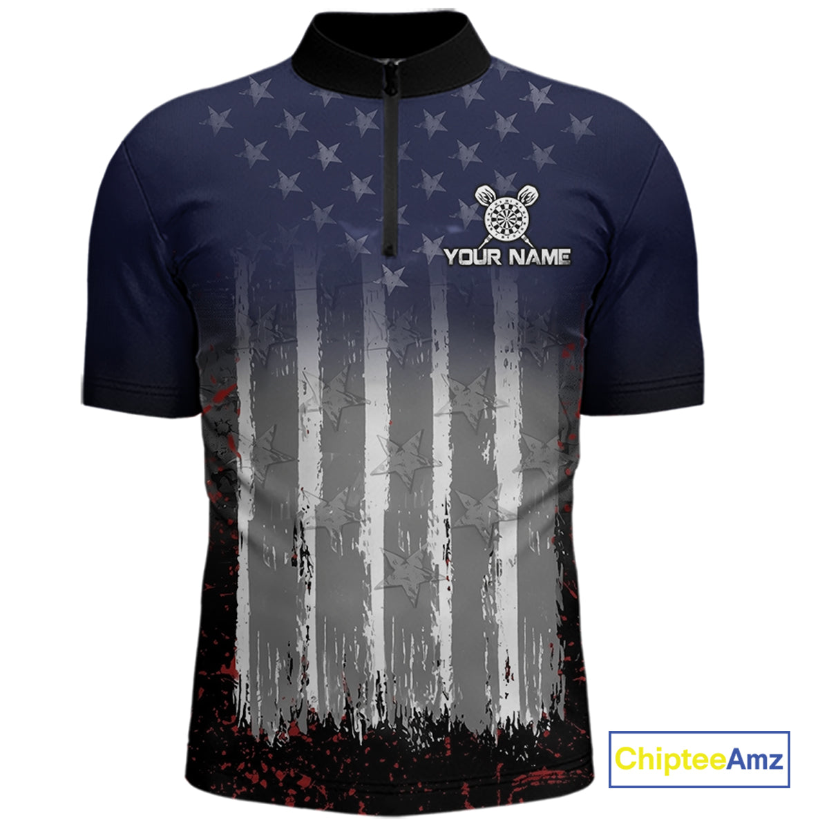 Gray, Blue And Red Grunge US Flag Darts Polo & 1/4-Zip Shirt Custom Patriotic Dart Jersey For Men NYN3081