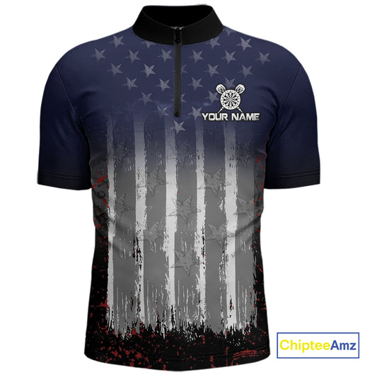 Gray, Blue And Red Grunge US Flag Darts Polo & 1/4-Zip Shirt Custom Patriotic Dart Jersey For Men NYN3081
