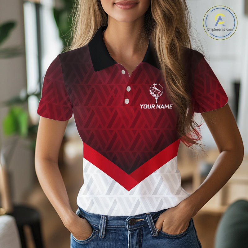 White And Red Geometric Golf Polo Golf Shirts For Women Personalized Golf Team Attire NYN3249
