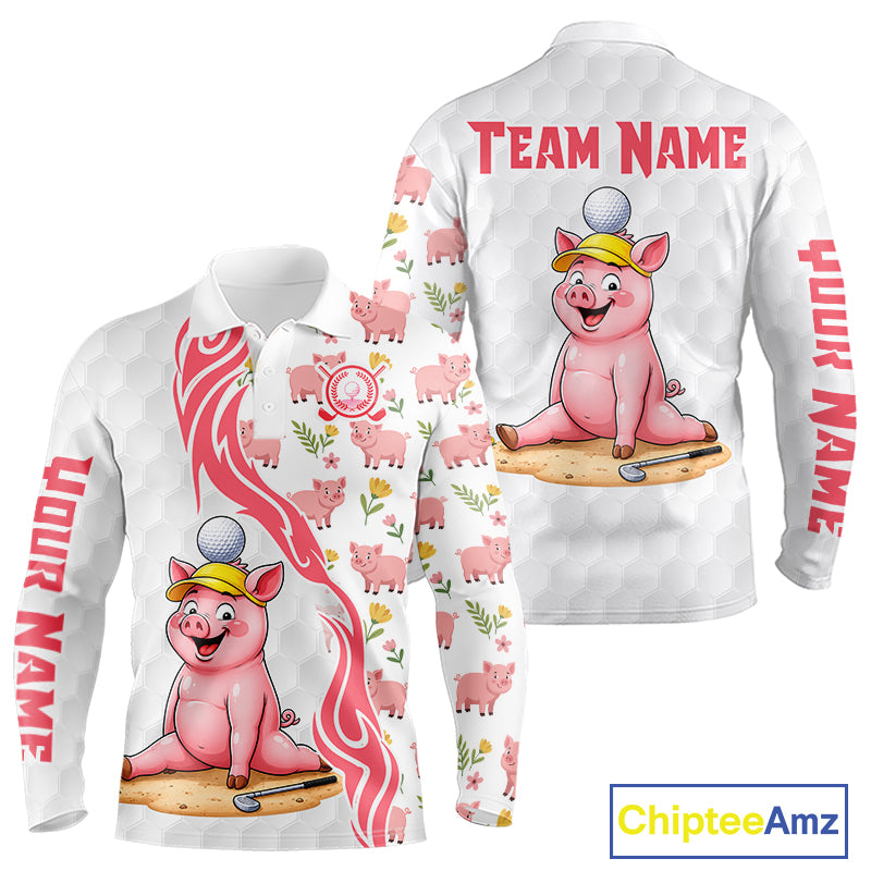 Pink and White Glitter Pig Men's Golf Polo Shirt mockup featuring glitter pig mascot, personalized golf apparel, custom golf team polo, country golf clothing.