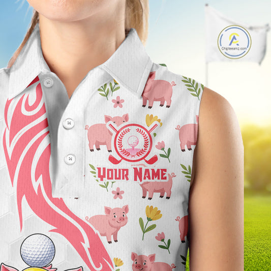 Women's model wearing Glitter Pig Golf Polo Shirt, farmhouse golf apparel, sparkling golf fashion, personalized golf clothing, custom golf team outfit, women's golf lifestyle.