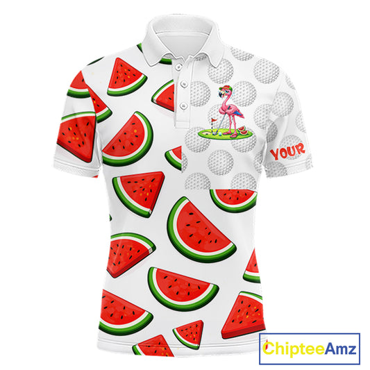 Tired Flamingo Watermelon Pattern Mens Golf Polo Shirts Custom Funny Golfing Flamingo Golf Shirts NYN2882