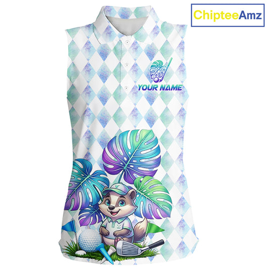 Funny Womens Golf Sleeveless Polo Shirt Holographic Argyle Monstera Golf Ball Personalized Raccoon Golf Shirts NYN3094
