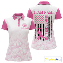 Load image into Gallery viewer, Pink Ribbon Breast Cancer Awareness Womens Polo Shirt Custom US Flag Patriotic Golf Shirt For Women NYN3099