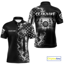 Load image into Gallery viewer, White Smokes American Flag Skeleton men's patriotic darts polo shirt, USA dart jersey, custom patriotic dart team apparel