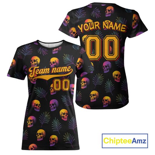 Custom Black And Yellow Skull Baseball Halloween T-Shirt For Women Skull Baseball Shirts NYN1468