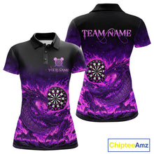 Load image into Gallery viewer, Purple Flaming Dragon Dartboard Women Polo Darts Shirt Custom Name &amp; Team Dart Jersey NYN2010