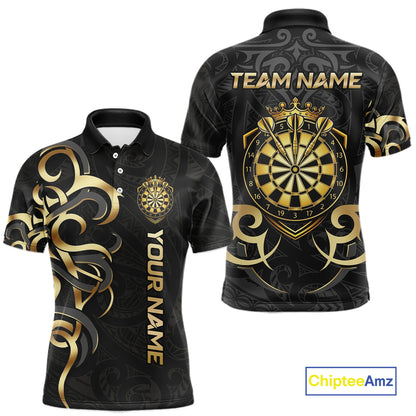 Custom Black And Gold Crown Dartboard Darts Men Polo 14-Zip Shirt, Polynesian Tribal Darts Attire NYN3119