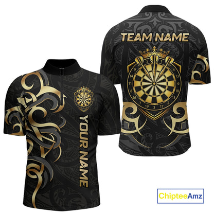 Custom Black And Gold Crown Dartboard Darts Men Polo 14-Zip Shirt, Polynesian Tribal Darts Attire NYN3119