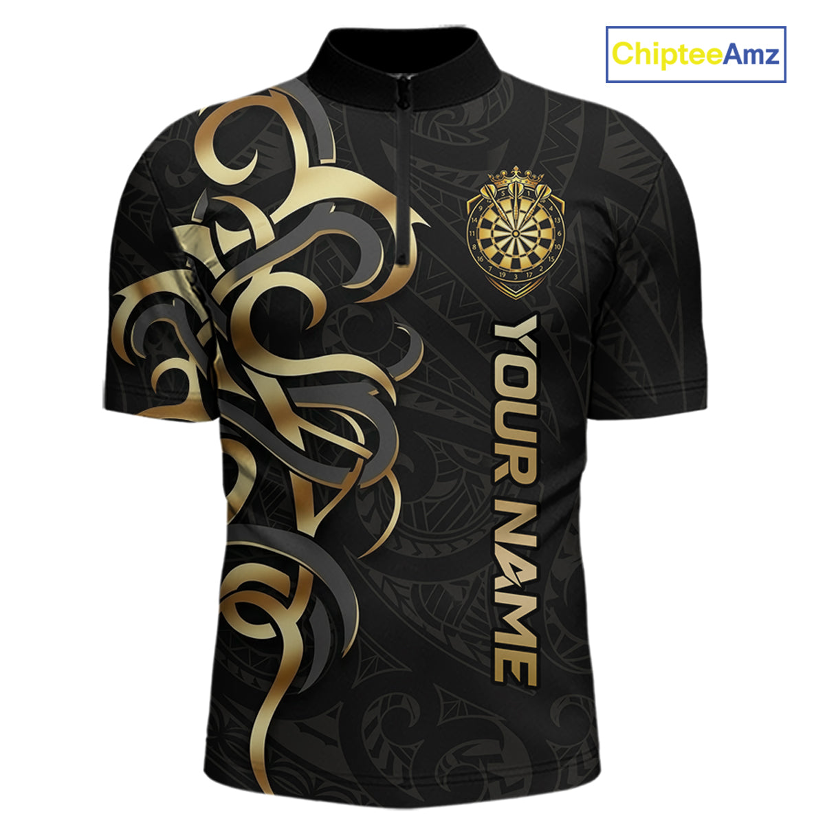 Custom Black And Gold Crown Dartboard Darts Men Polo 14-Zip Shirt, Polynesian Tribal Darts Attire NYN3119