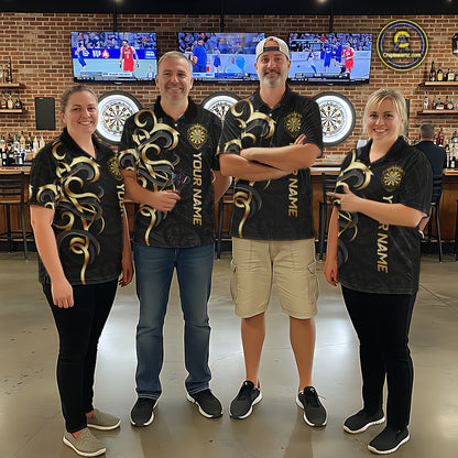 Custom Black And Gold Crown Dartboard Darts Men Polo 14-Zip Shirt, Polynesian Tribal Darts Attire NYN3119
