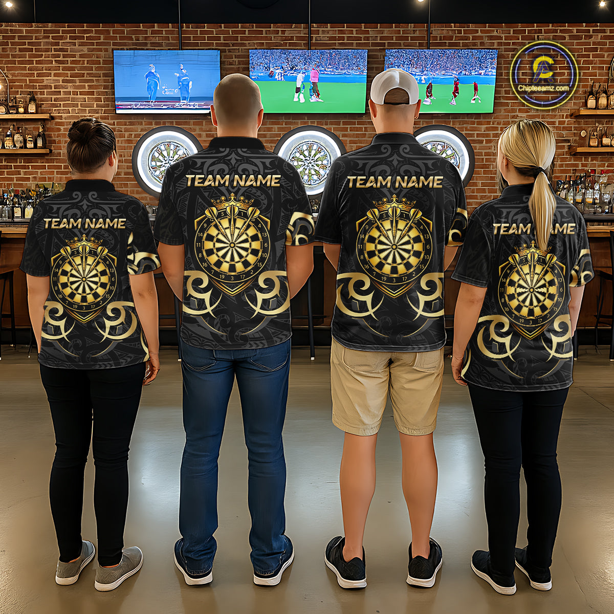 Custom Black And Gold Crown Dartboard Darts Men Polo 14-Zip Shirt, Polynesian Tribal Darts Attire NYN3119