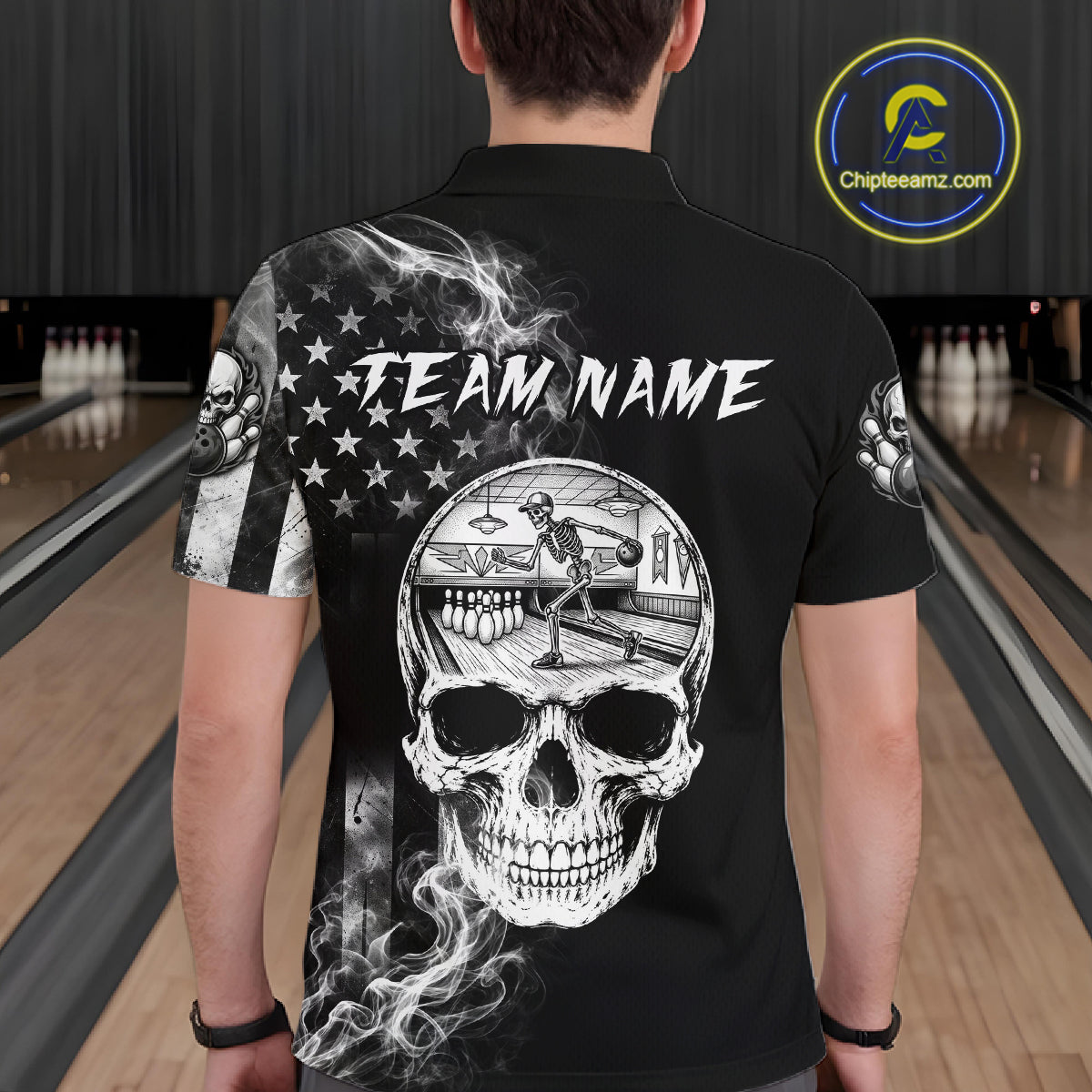 Smoke American Flag Mens Bowling Polo 1/4-Zip Shirt Custom Skeleton Youth Bowling Outfits | White NYN3286