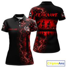 Load image into Gallery viewer, Red smoke American flag billiard polo shirt with 8 ball skeleton design for women