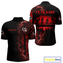 Load image into Gallery viewer, Red smoke American flag billiard quarter-zip shirt with 8 ball skeleton design for men