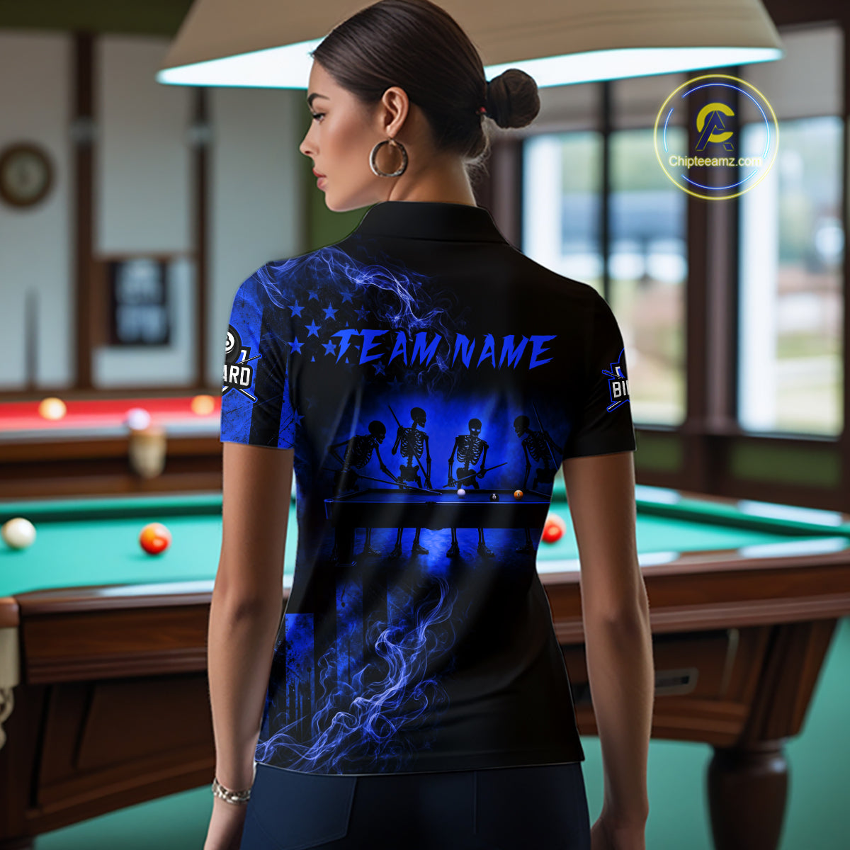 Blue Smokes American Flag 8 Ball Billiard Pool Shirt For Women Custom Billiard Skeleton Team Appeal NYN3288