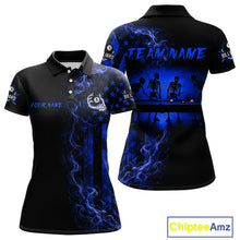Load image into Gallery viewer, Blue smoke American flag 8 ball billiard polo shirt for women with skeleton graphic