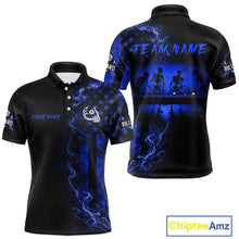 Load image into Gallery viewer, Blue smoke American flag 8 ball billiard polo shirt for men with skeleton graphic