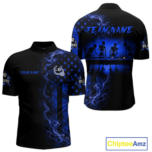Blue smoke American flag 8 ball billiard 1/4-zip shirt for men with skeleton graphic