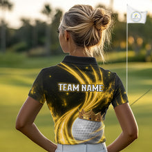 Load image into Gallery viewer, Female golfer wearing galaxy yellow crown golf ball polo shirt, women's golf apparel, tournament golf outfit