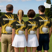 Load image into Gallery viewer, Men women golf team wearing matching galaxy yellow crown golf ball golf polo shirts, custom golf team uniforms, golf tournament apparel