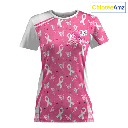 Pink Ribbon Butterfly Women's Pickleball T-Shirt, Personalized Breast Cancer Awareness Pickleball Shirt, Butterfly Charity Sports Apparel