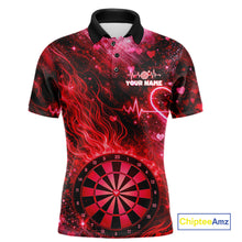Load image into Gallery viewer, Heart Beat Red Grunge Flame Dartboard Men Darts Valentine Shirt Custom Dart Polo Couple Gifts NYN2535