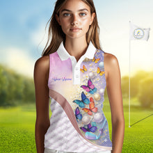Load image into Gallery viewer, Colorful Butterfly Womens Sleeveless Golf Polo Shirt Custom Name Floral White Golf Ball Jerseys NYN2911