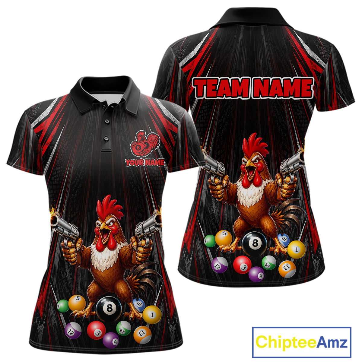 Black and red rooster gun 8 ball billiard shirt for women funny pool apparel