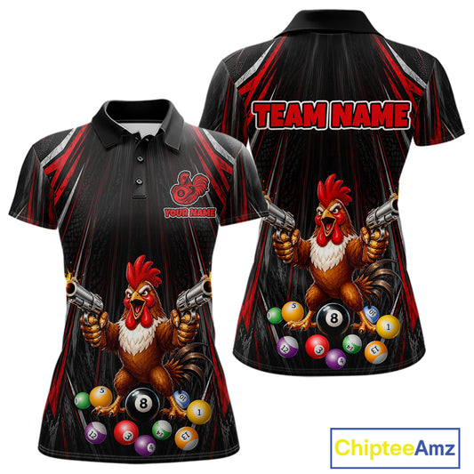 Black and red rooster gun 8 ball billiard shirt for women funny pool apparel