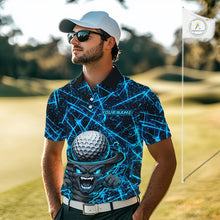 Load image into Gallery viewer, Male golfer wearing tornado lightning golf polo shirt, UPF golf apparel, men's golf tournament outfit