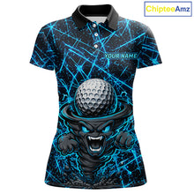 Load image into Gallery viewer, Women's funny tornado golf short sleeves polo shirt, lightning strike golf apparel, blue UPF golf shirt, custom golf team polo, performance golf clothing