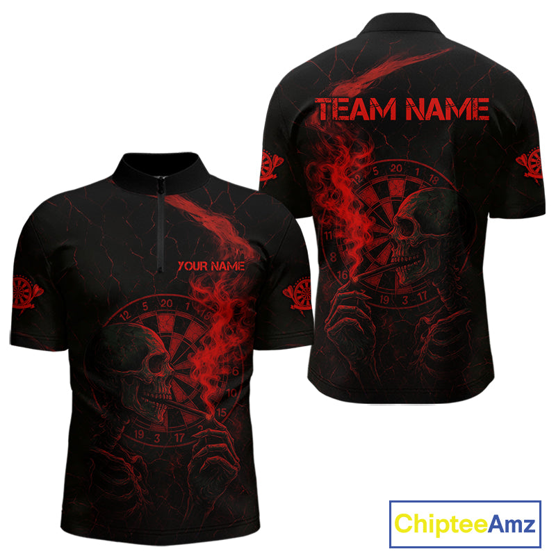 Red Smoking Skeleton Bone Cracked Dartboard Custom Men Quarter-Zip Dart Jerseys Dart Gifts NYN2033