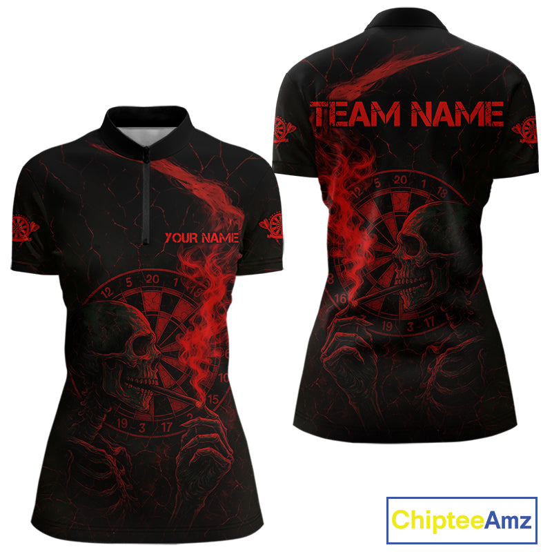 Red Smoking Skeleton Bone Cracked Dartboard Custom Women Quarter-Zip Dart Jerseys Dart Gifts NYN2033