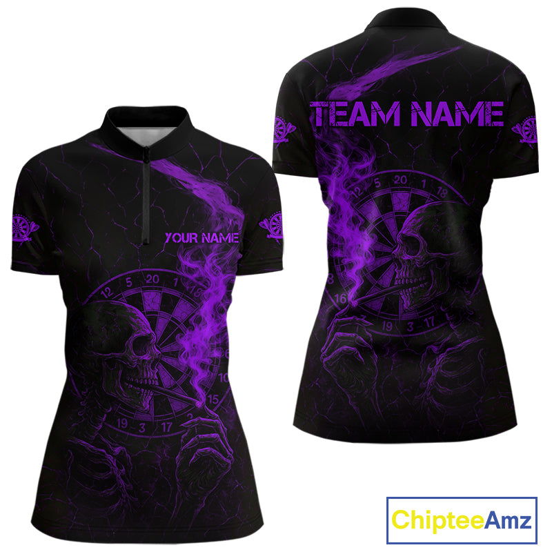 Purple Smoking Skeleton Bone Grunge Dartboard Custom Women Quarter-Zip Dart Jerseys Dart Gifts NYN2035