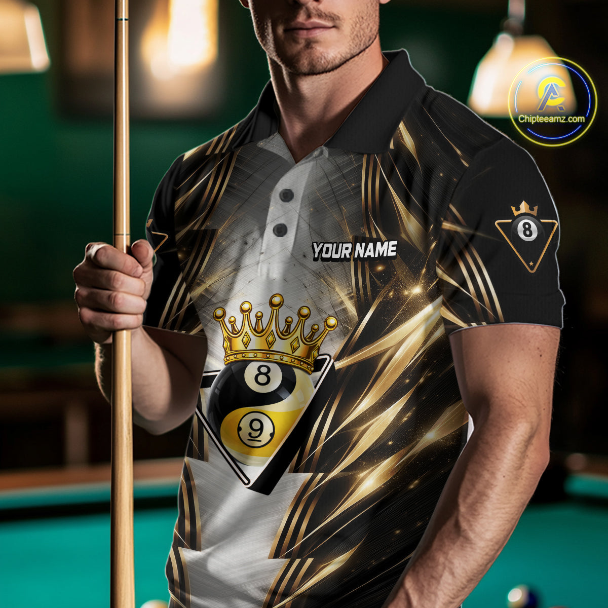 Grey, Black And Gold 8 Ball Crown Billiard Polo & 1/4 Zip Shirt For Men Custom Pool Team Jersey NYN2921
