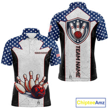 Load image into Gallery viewer, Grunge Patriotic Bowling Jerseys For Men Custom US Flag Bowling Polo 1/4-Zip Shirt, Gift For Bowlers NYN3126