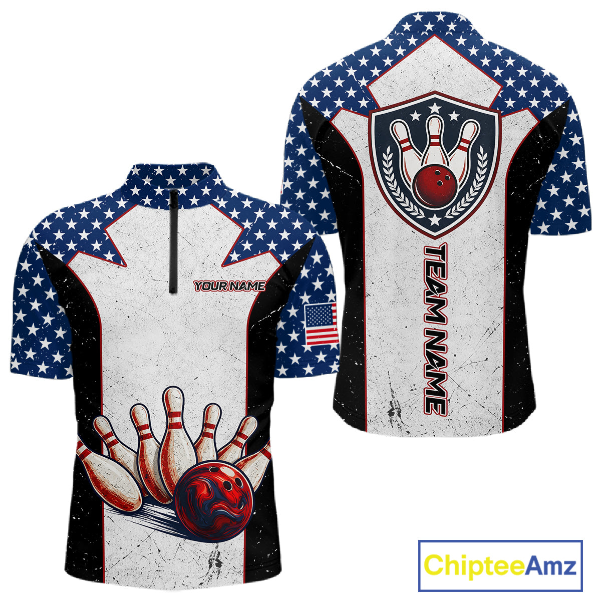 Grunge Patriotic Bowling Jerseys For Men Custom US Flag Bowling Polo 1/4-Zip Shirt, Gift For Bowlers NYN3126