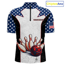 Load image into Gallery viewer, Grunge Patriotic Bowling Jerseys For Men Custom US Flag Bowling Polo 1/4-Zip Shirt, Gift For Bowlers NYN3126