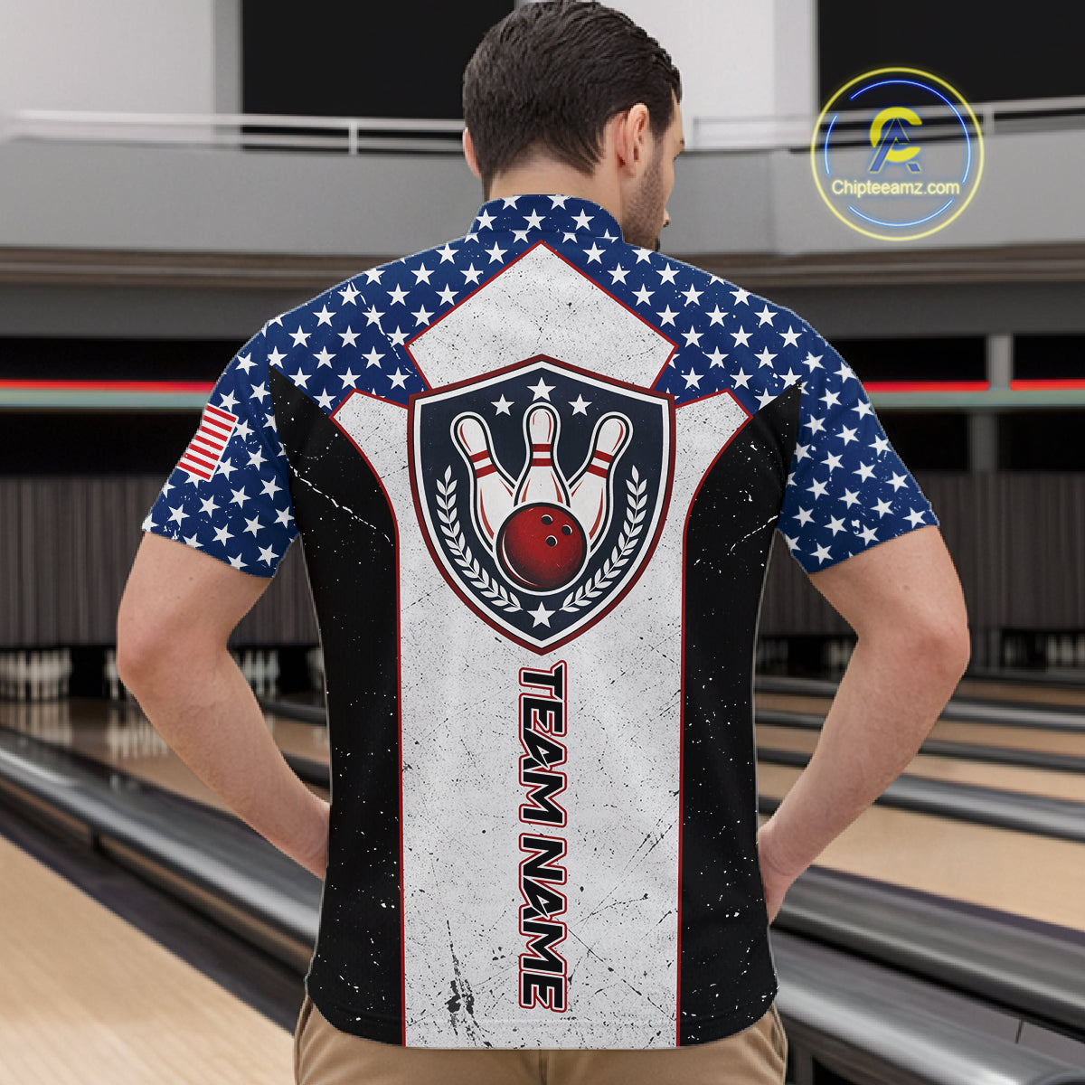 Grunge Patriotic Bowling Jerseys For Men Custom US Flag Bowling Polo 1/4-Zip Shirt, Gift For Bowlers NYN3126
