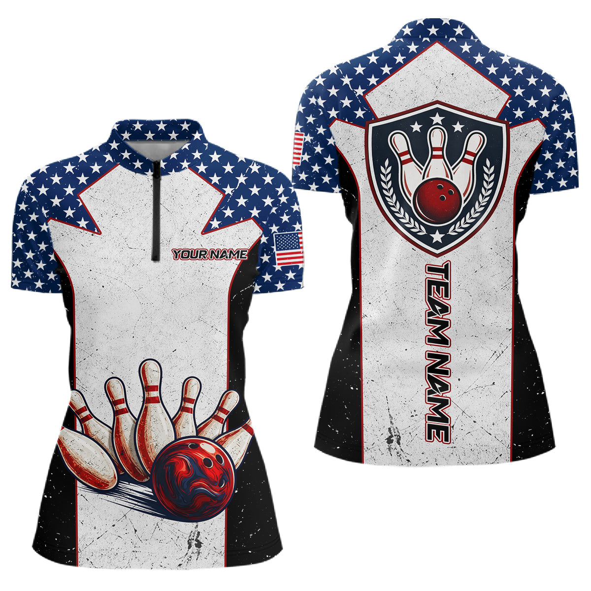 Grunge Patriotic Bowling Jerseys For Women Custom US Flag Bowling Polo 1/4-Zip Shirt, Gift For Bowlers NYN3126