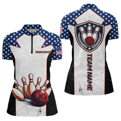 Grunge Patriotic Bowling Jerseys For Women Custom US Flag Bowling Polo 1/4-Zip Shirt, Gift For Bowlers NYN3126