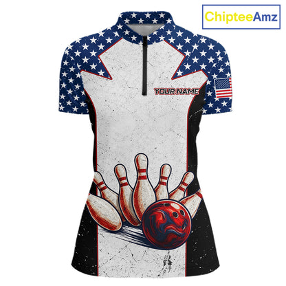 Grunge Patriotic Bowling Jerseys For Women Custom US Flag Bowling Polo 1/4-Zip Shirt, Gift For Bowlers NYN3126