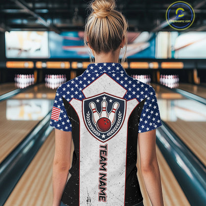 Grunge Patriotic Bowling Jerseys For Women Custom US Flag Bowling Polo 1/4-Zip Shirt, Gift For Bowlers NYN3126