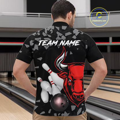 Funny Bull Grunge Red Bowling Polo & 1/4 Zip Shirts For Men Custom Outftis Team Bowling Jerseys NYN3129