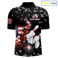 Load image into Gallery viewer, Funny US Flag Bull Grunge Bowling Polo &amp; 1/4 Zip Shirts For Men Custom Team Bowling Jerseys NYN3130