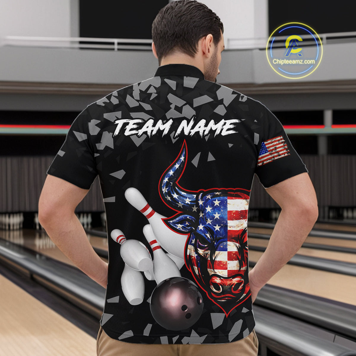 Funny US Flag Bull Grunge Bowling Polo & 1/4 Zip Shirts For Men Custom Team Bowling Jerseys NYN3130