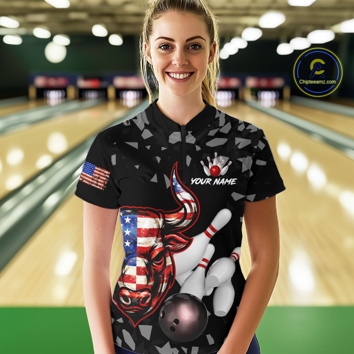 Funny US Flag Bull Grunge Bowling Polo & 1/4 Zip Shirts For Women Custom Team Bowling Jerseys NYN3130