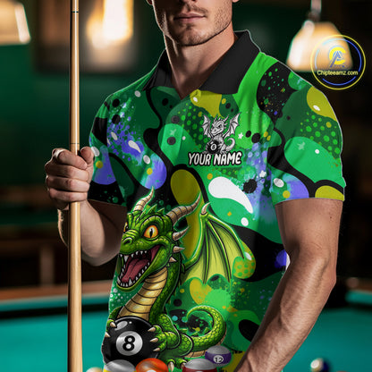 Green Splatter Funny Dragon 8 Ball Pool Billiard Shirts For Men Custom Cute Billiard Team Outfits NYN3301